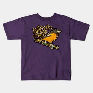 Look Grandma, A Halloween Bird! Oriole Bird in Orange Kids T-Shirt